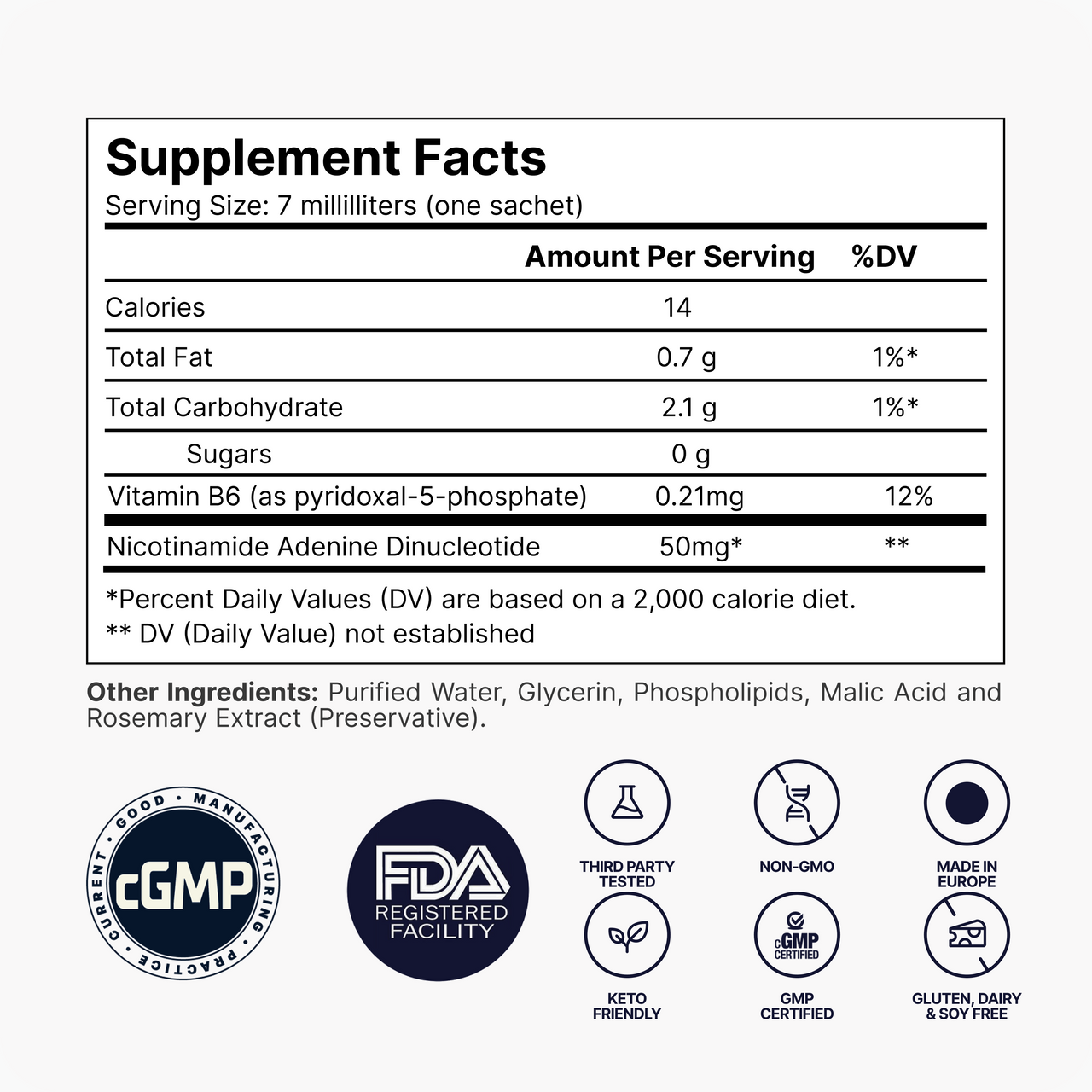 Supplement facts label with nutritional information and certification logos on a white background