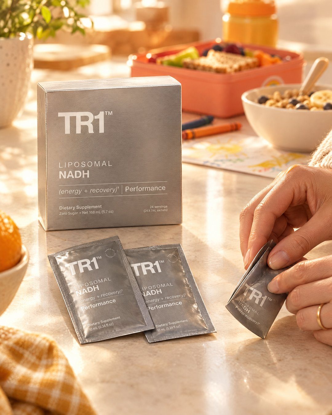 TR1 box and sachets on a kitchen counter