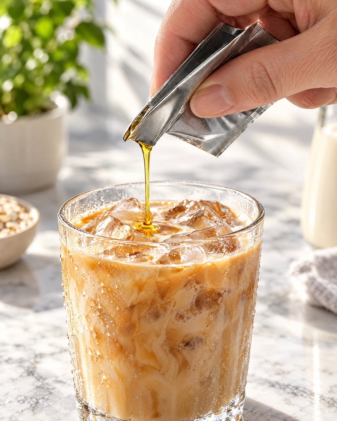 TR1 sachet poured into an iced latte