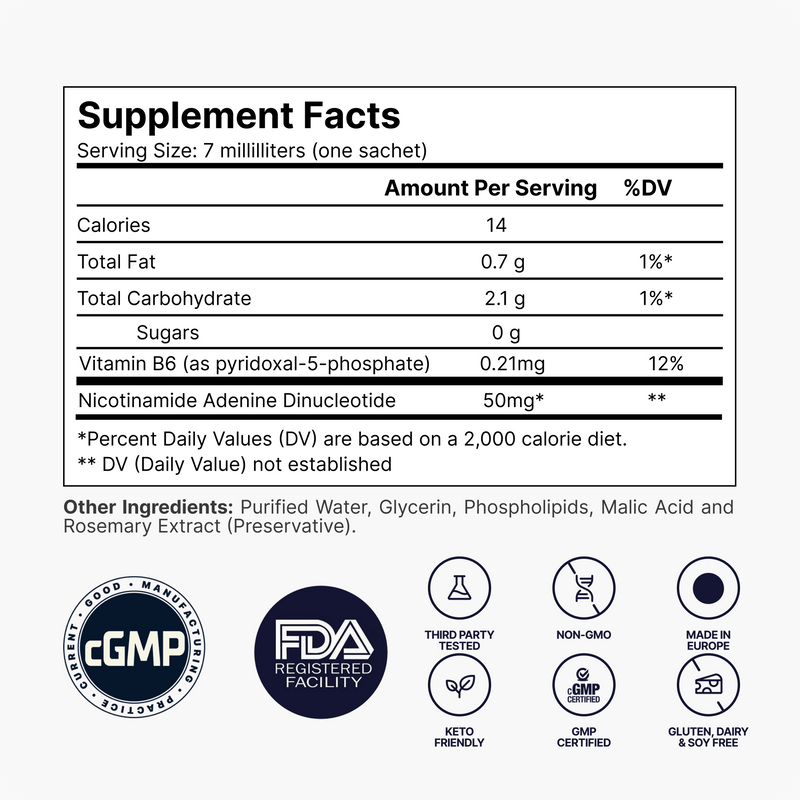 Supplement facts label with nutritional information and certification logos on a white background