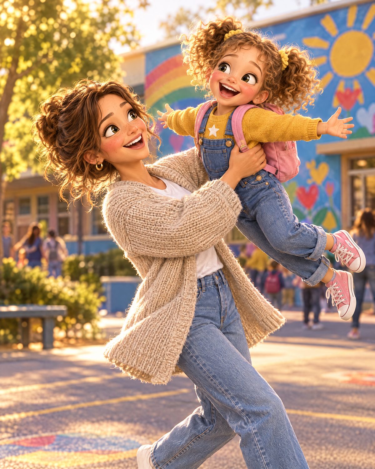 Animated mom spinning her daughter at school pickup