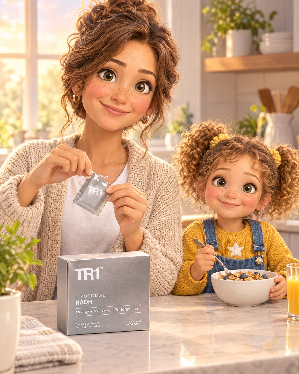 Animated mom snapping a TR1 sachet