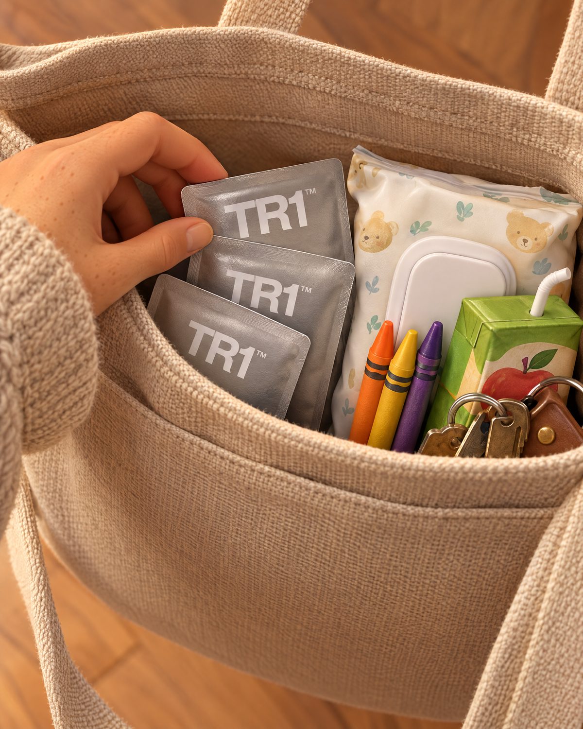 TR1 sachets in a tote bag pocket